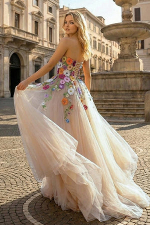 Champagne A Line Sweetheart Flower Long Prom Dress With Appliques - KissProm