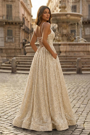 A - line V Neck Sequins Long Prom Dress - KissProm