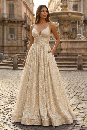 A - line V Neck Sequins Long Prom Dress - KissProm