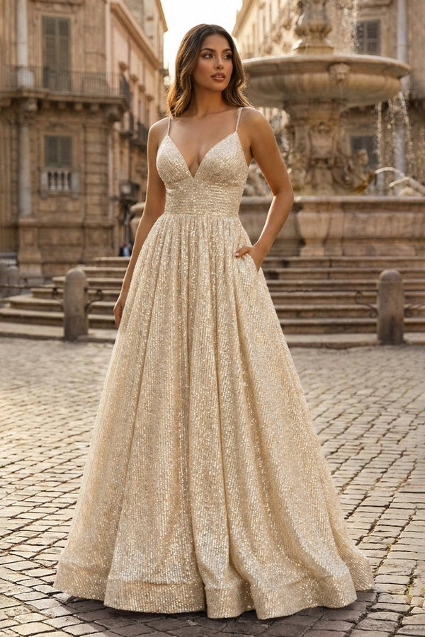 A - line V Neck Sequins Long Prom Dress - KissProm