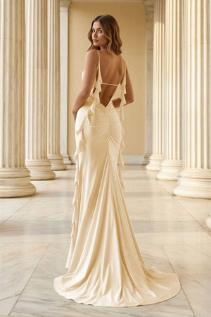 Yellow Spaghetti Straps Mermaid Satin Ruffled Long Prom Dresses With Slit - KissProm