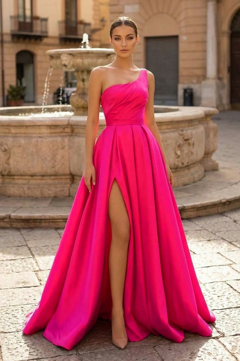  Charming A Line One Shoulder Fuchsia Satin Long Prom Dresses with Slit - KissProm