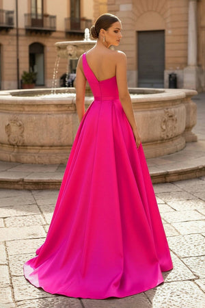  Charming A Line One Shoulder Fuchsia Satin Long Prom Dresses with Slit - KissProm