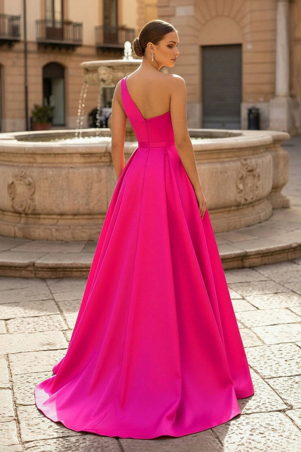  Charming A Line One Shoulder Fuchsia Satin Long Prom Dresses with Slit - KissProm