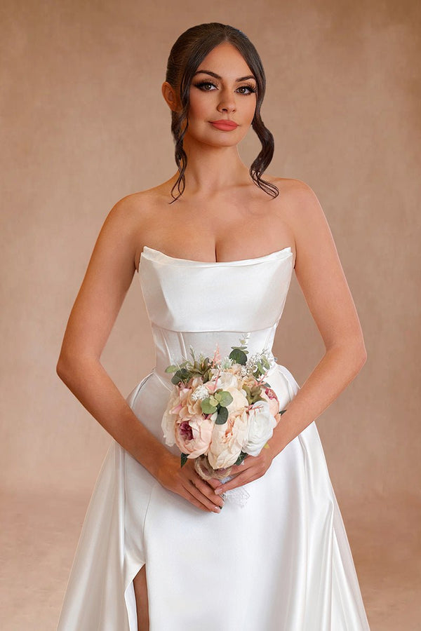 Lenny | White Strapless Satin A-Line Wedding Dresses