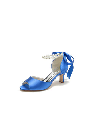 Chic Peep Toe Ribbons Faux Pearl Pumps - KissProm