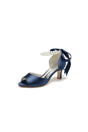 Chic Peep Toe Ribbons Faux Pearl Pumps - KissProm