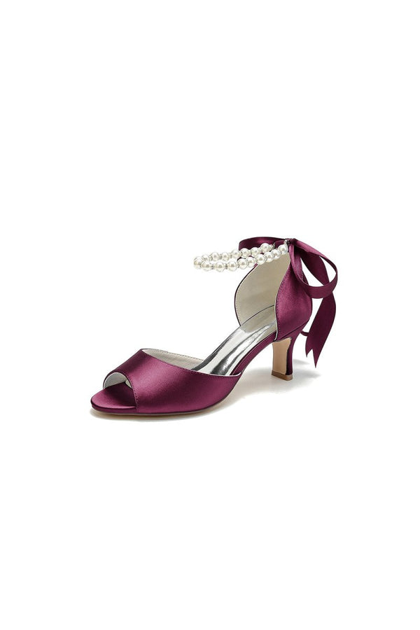 Chic Peep Toe Ribbons Faux Pearl Pumps - KissProm