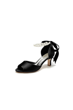 Chic Peep Toe Ribbons Faux Pearl Pumps - KissProm