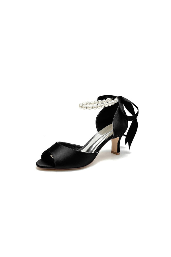 Chic Peep Toe Ribbons Faux Pearl Pumps - KissProm