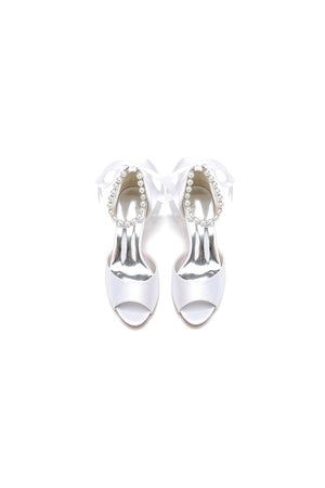 Chic Peep Toe Ribbons Faux Pearl Pumps - KissProm