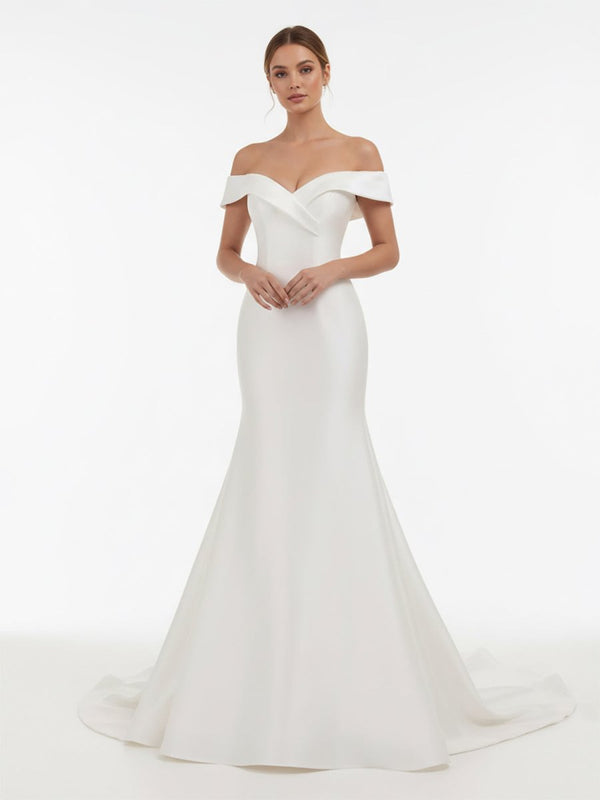 Chic Satin Off the Shoulder Sleeveless Sweep - Train Bridal Dress - KissProm