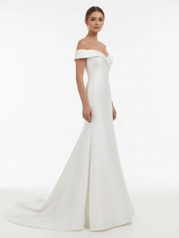 Chic Satin Off the Shoulder Sleeveless Sweep - Train Bridal Dress - KissProm