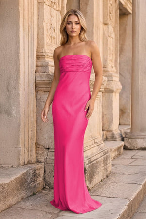 Ruched Strapless Pink Long Prom Dress – Prom Dresses by KissProm | Available at KissProm