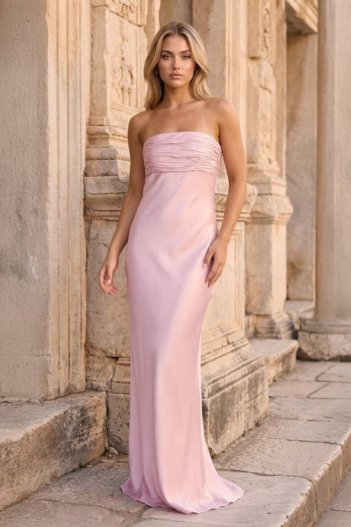Ruched Strapless Pink Long Prom Dress – Prom Dresses by KissProm | Available at KissProm