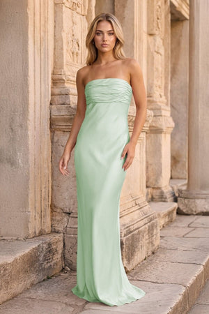 Ruched Strapless Pink Long Prom Dress – Prom Dresses by KissProm | Available at KissProm