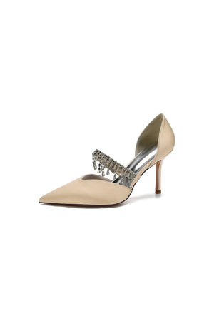 Cocktail Pointed Toe Crystal Tassel Buckle Strap Heels - KissProm