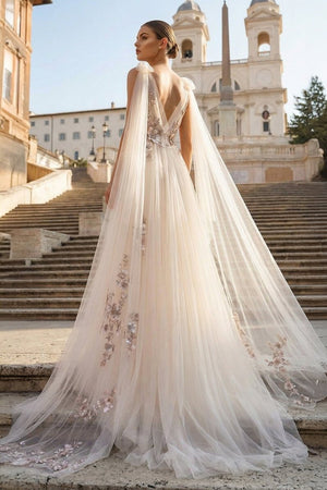 A - line Tulle Embroidery Deep - V Neck Floor - Length Prom Dresses - KissProm