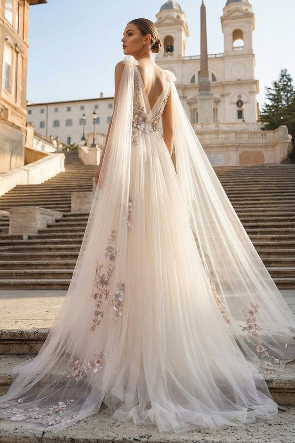 A - line Tulle Embroidery Deep - V Neck Floor - Length Prom Dresses - KissProm