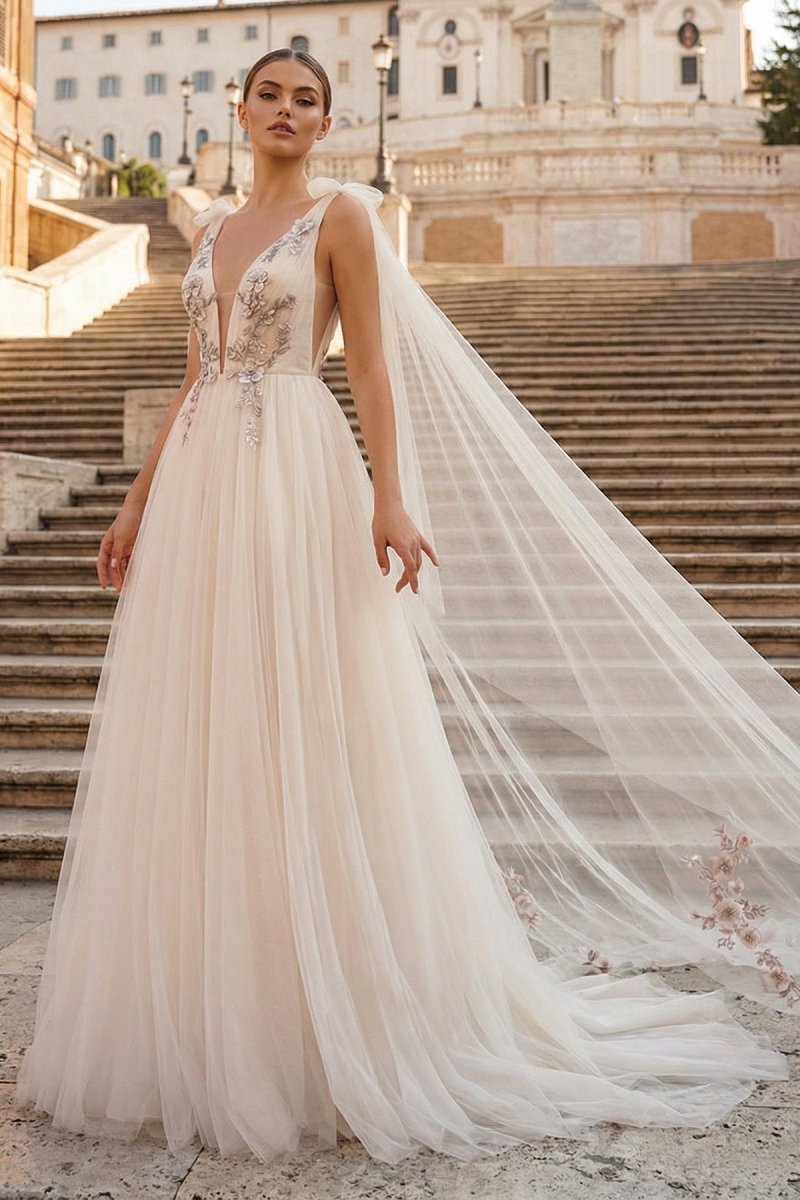 A - line Tulle Embroidery Deep - V Neck Floor - Length Prom Dresses - KissProm