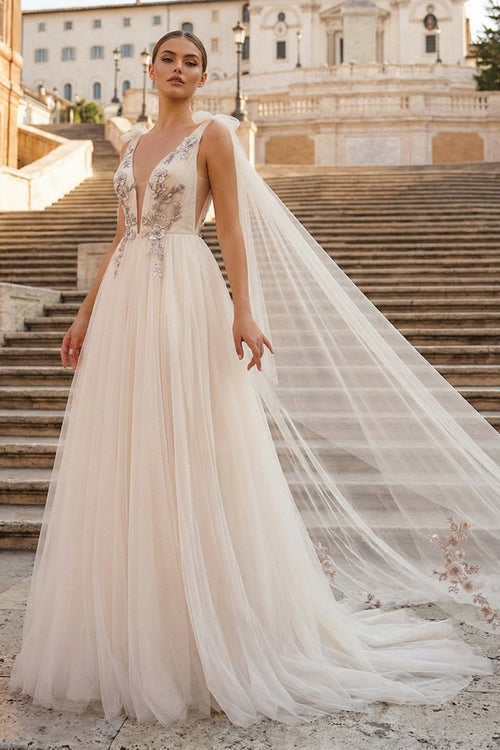 A - line Tulle Embroidery Deep - V Neck Floor - Length Prom Dresses - KissProm