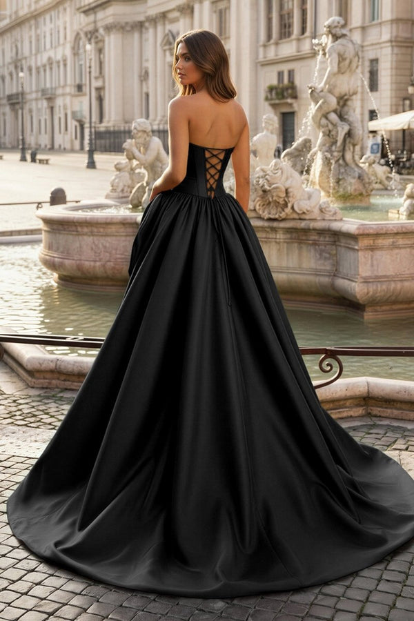 Black- Scoop Neck A Line Satin Long Prom Dress With Floral - KissProm