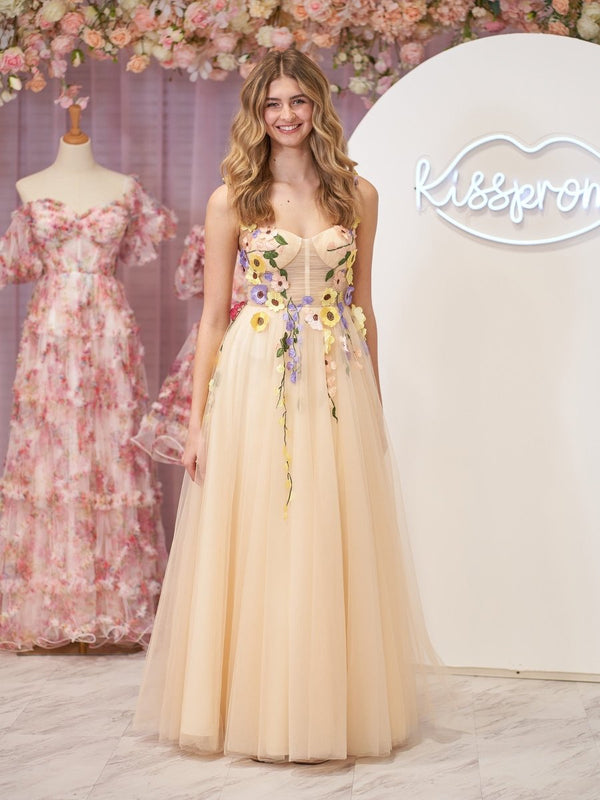 A-Line Corset Midi Prom Dress with 3D Flowers – Prom Dress by KissProm | Available at KissProm