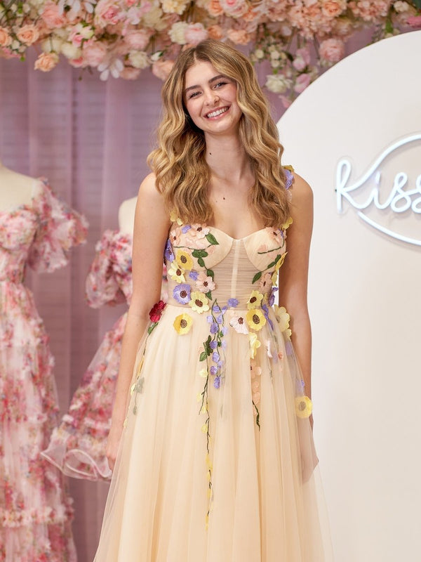 A-Line Corset Midi Prom Dress with 3D Flowers – Prom Dress by KissProm | Available at KissProm