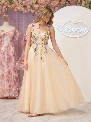 A-Line Corset Midi Prom Dress with 3D Flowers – Prom Dress by KissProm | Available at KissProm