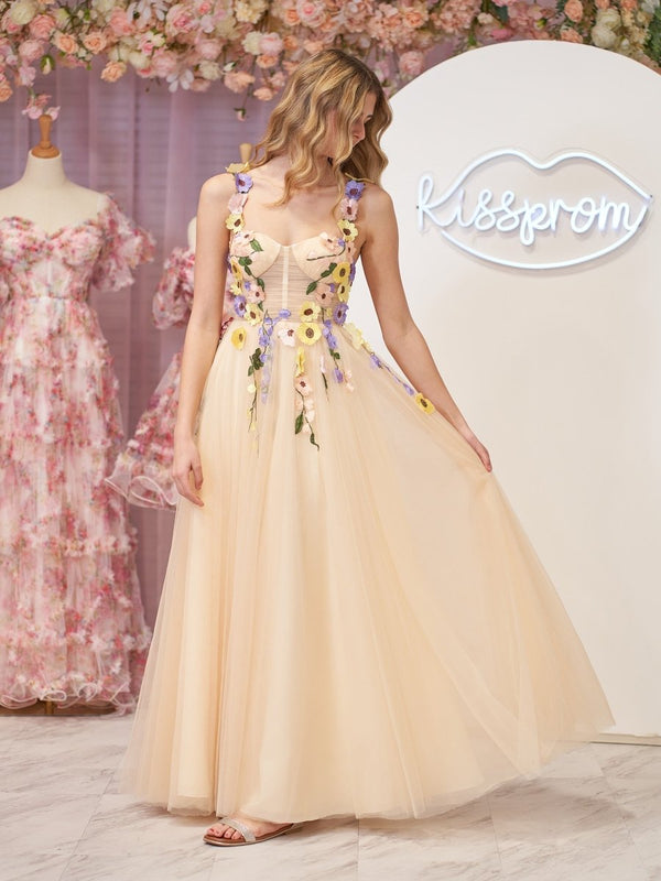 A-Line Corset Midi Prom Dress with 3D Flowers – Prom Dress by KissProm | Available at KissProm