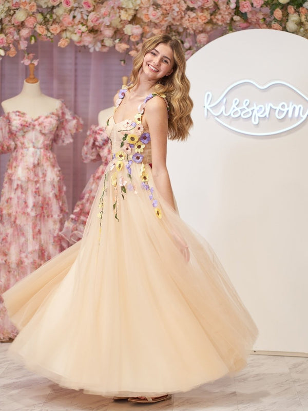 A-Line Corset Midi Prom Dress with 3D Flowers – Prom Dress by KissProm | Available at KissProm