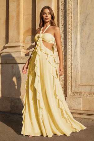 Pink A - Line Halter Chiffon Ruffled Long Prom Dresses With Cut Out - KissProm