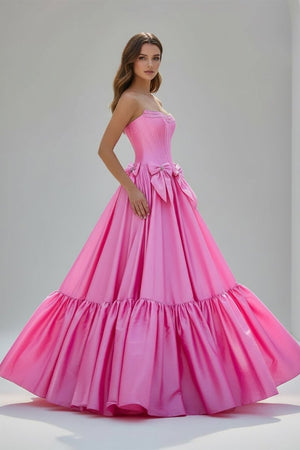 Cristal | A - Line Black Scoop Neck Satin Long Prom Dresses with Bow Knots - KissProm