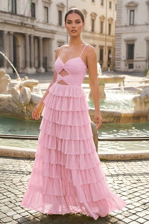 Spaghetti Straps Yellow Keyhole Tiered Ruffle Long Formal Dress - KissProm