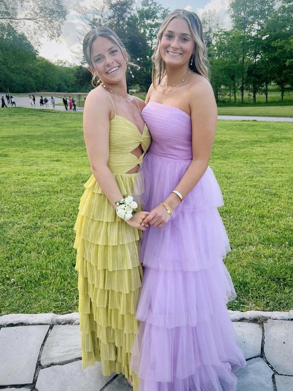 Spaghetti Straps Yellow Keyhole Tiered Ruffle Long Formal Dress - KISSPRPM PROM DRESSES