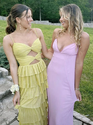 Spaghetti Straps Yellow Keyhole Tiered Ruffle Long Formal Dress - KISSPRPM PROM DRESSES