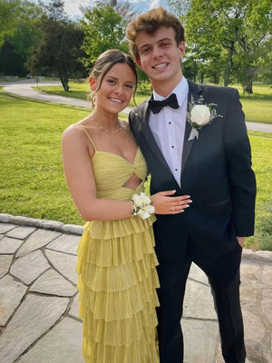 Spaghetti Straps Yellow Keyhole Tiered Ruffle Long Formal Dress - KISSPRPM PROM DRESSES