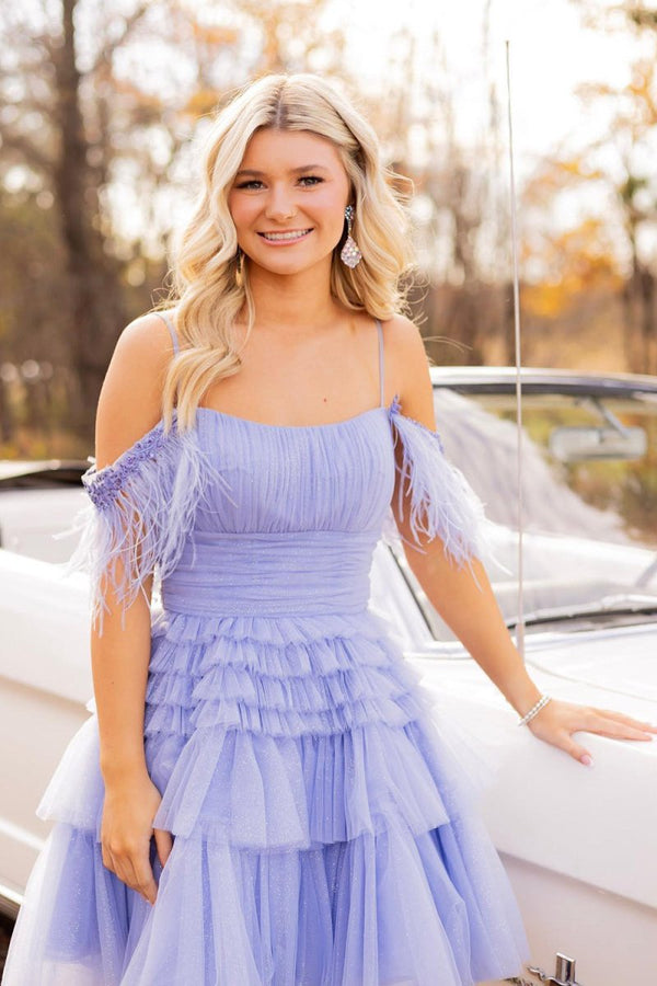 Thea |A Line Pink Glitter Tulle Homecoming Dress with Feather