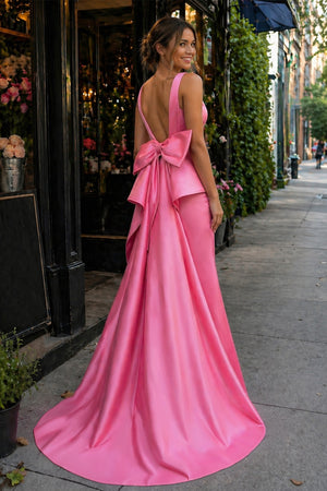 Esther | Cute Mermaid V Neck Pink Satin Long Prom Dresses with Big Bow