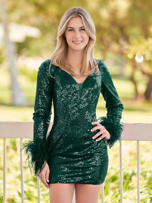 Dainera | V Neck Hot Pink Sequins Short Tight Homecoming Dress - KissProm