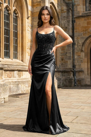 Green Sheer Appliques Satin Mermaid Long Prom Dress - KissProm
