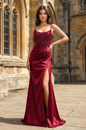 Green Sheer Appliques Satin Mermaid Long Prom Dress - KissProm