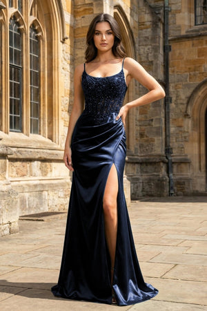 Green Sheer Appliques Satin Mermaid Long Prom Dress - KissProm