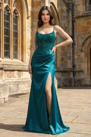 Green Sheer Appliques Satin Mermaid Long Prom Dress - KissProm