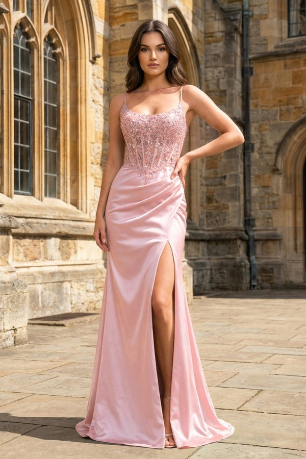 Green Sheer Appliques Satin Mermaid Long Prom Dress - KissProm