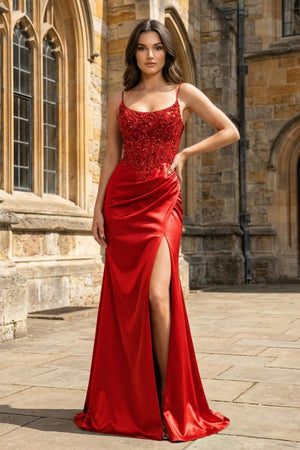 Green Sheer Appliques Satin Mermaid Long Prom Dress - KissProm