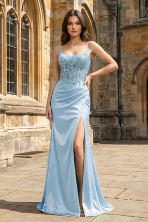 Green Sheer Appliques Satin Mermaid Long Prom Dress - KissProm