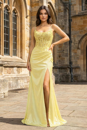 Green Sheer Appliques Satin Mermaid Long Prom Dress - KissProm