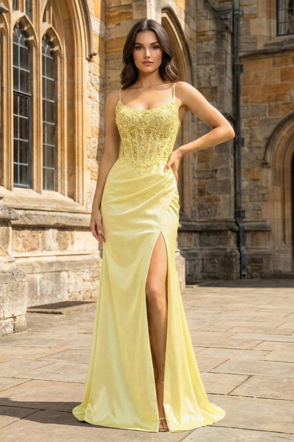 Green Sheer Appliques Satin Mermaid Long Prom Dress - KissProm