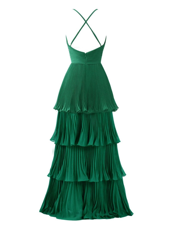 Dark Green A-Line Tiered Floor Length Chiffon Bridesmaid Dress – Prom Dress by KissProm | Available at KissProm